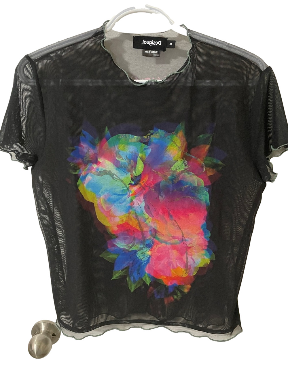 Desigual Black Sheer Top with Floral Print Size XL